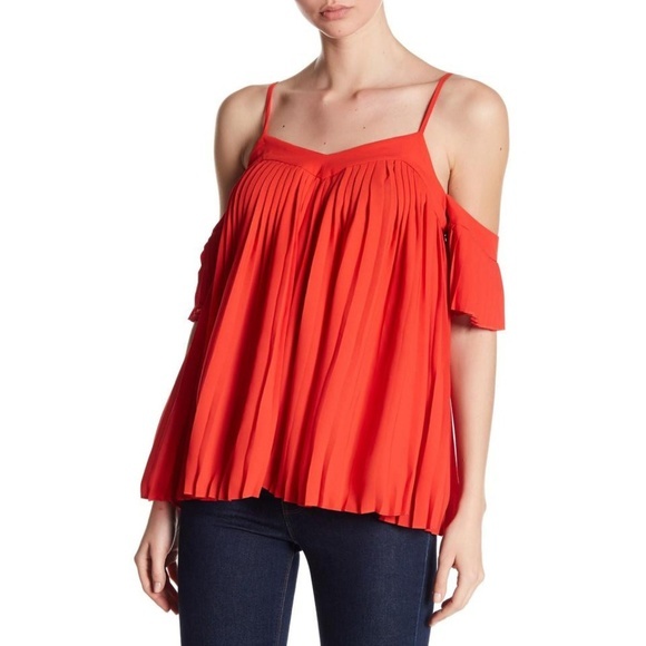 NWT Nordstrom Red Pleated Cold Shoulder Blouse Top - Picture 1 of 2